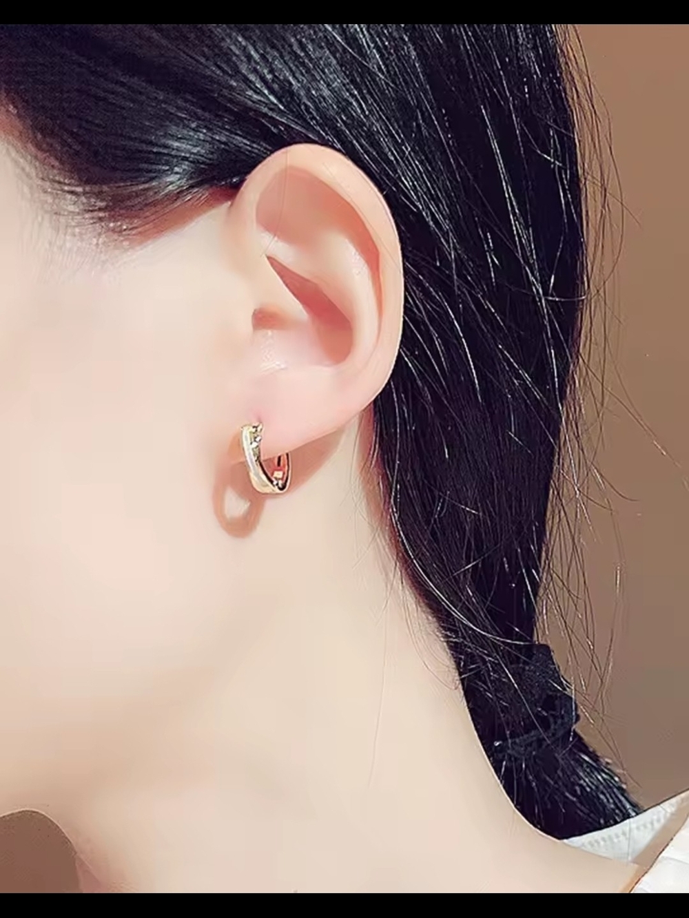 14k plated Gold Hoop Earrings with B White Enamel Accent - Picture 2 of 3